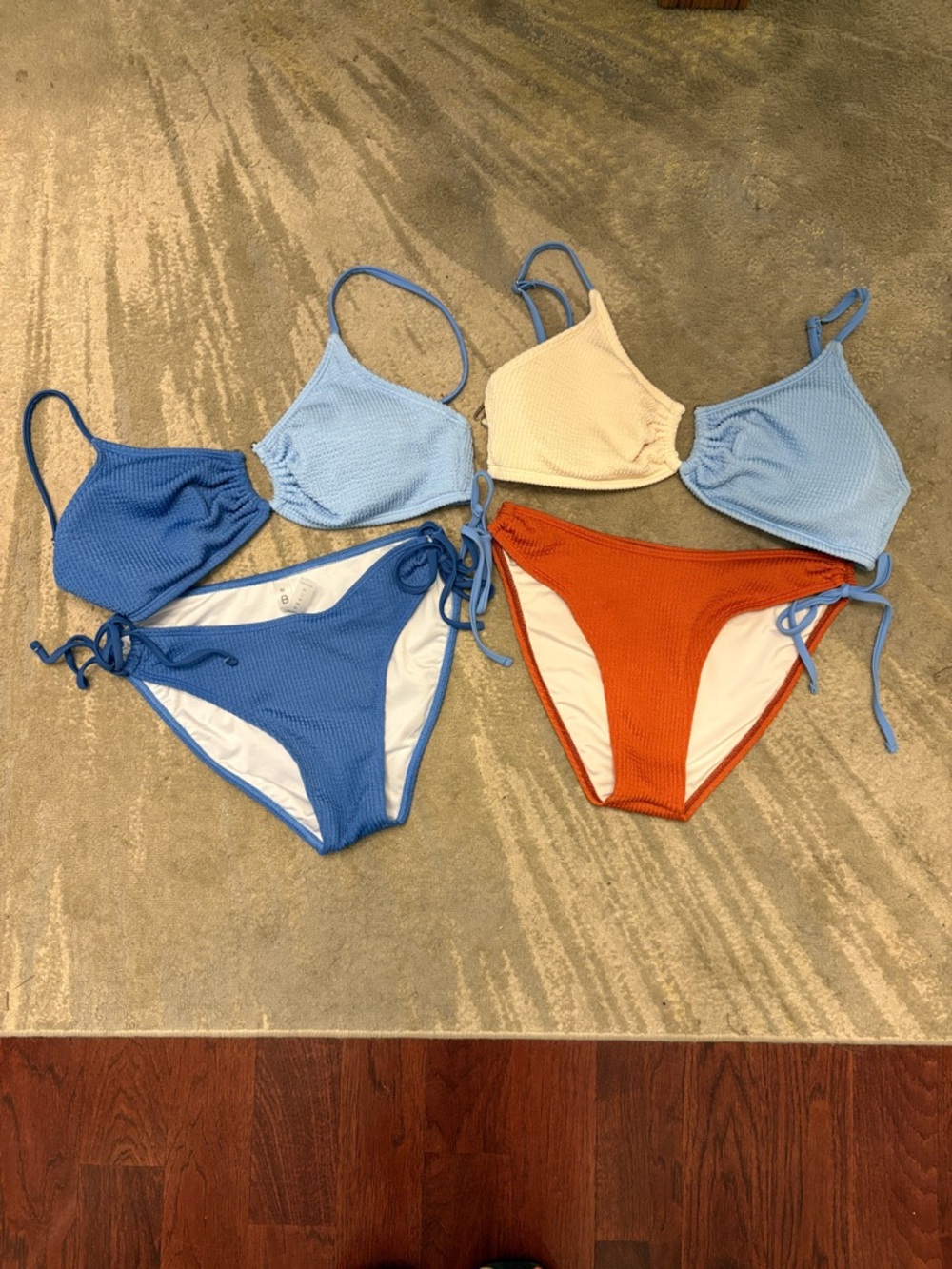2 Triangle Bikini Sets - Blue/Cream/Rust & Blue/Blue size Medium